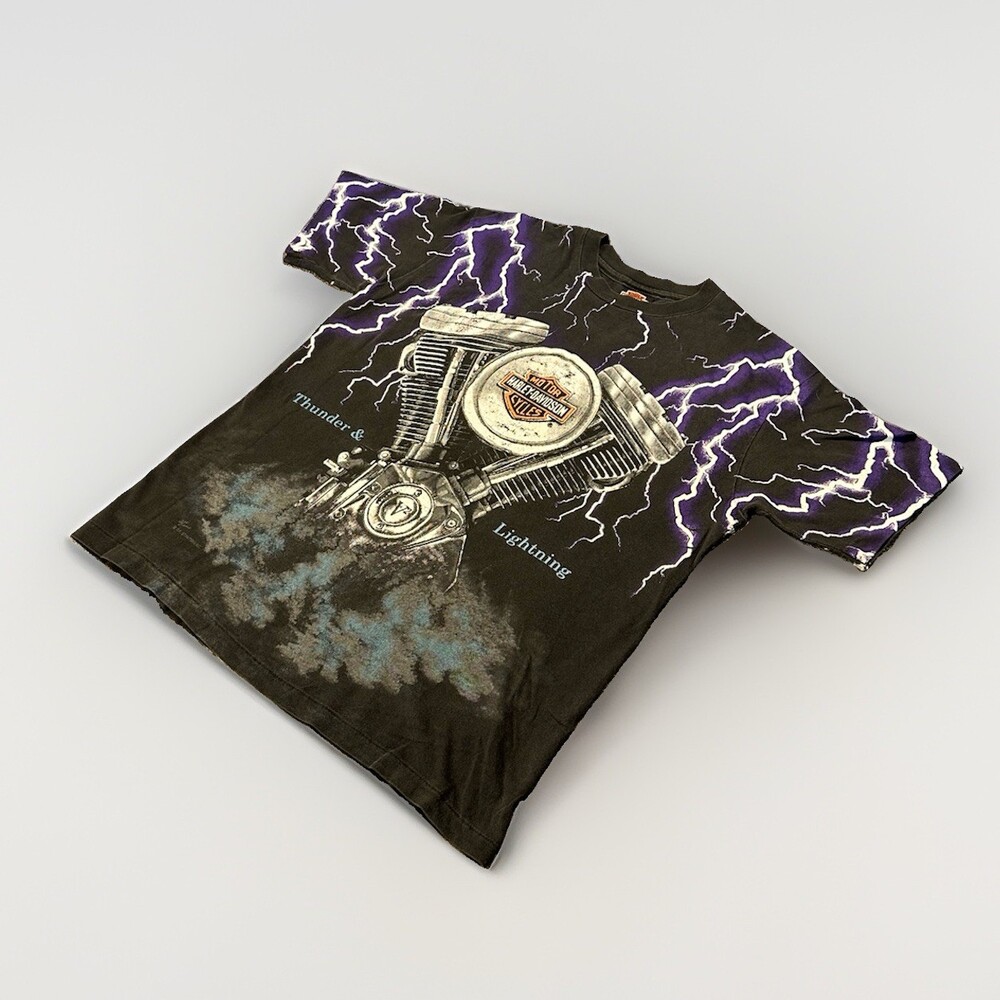 VTG 90s M Harley Davidson Thunder and Lightning AOP All Over Print T shirt USA